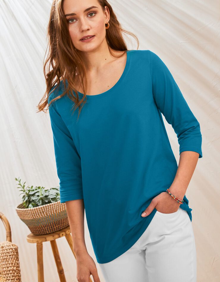 Tee-shirt manches 3/4 col rond uni coton (bleu paon) Tee-shirt manches 3/4 col rond uni coton (bleu paon)