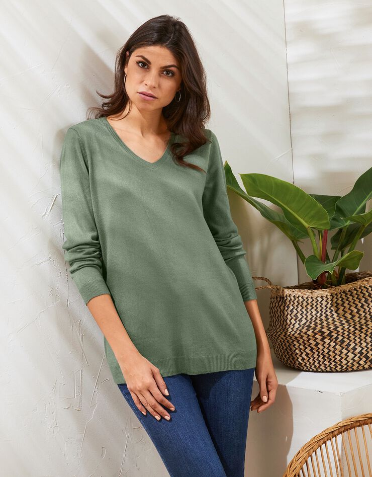 Pull col V toucher cachemire (kaki) Pull col V toucher cachemire (kaki)