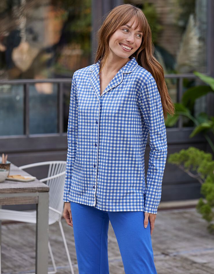 Pyjama imprimé carreaux - col tailleur (bleu)