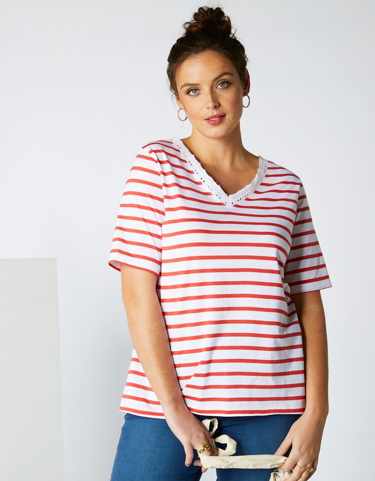Tee-shirt rayé col V broderie anglaise, tissé-teint (blanc / orange) Tee-shirt rayé col V broderie anglaise, tissé-teint (blanc / orange)
