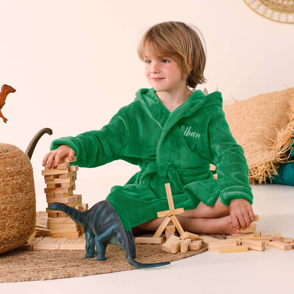 Peignoir de bain enfant &agrave; capuche personnalisable dinosaure microfibre (vert)