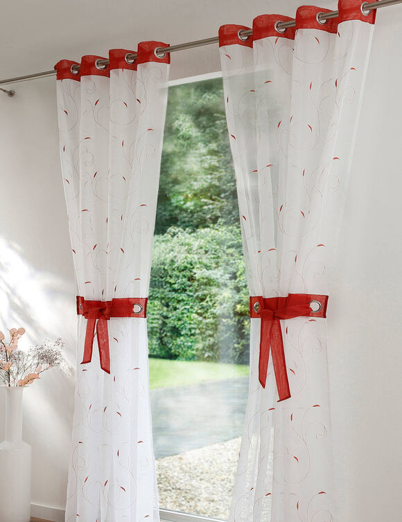 Rideau panneau voile petites feuilles brodées (terracotta / blanc)