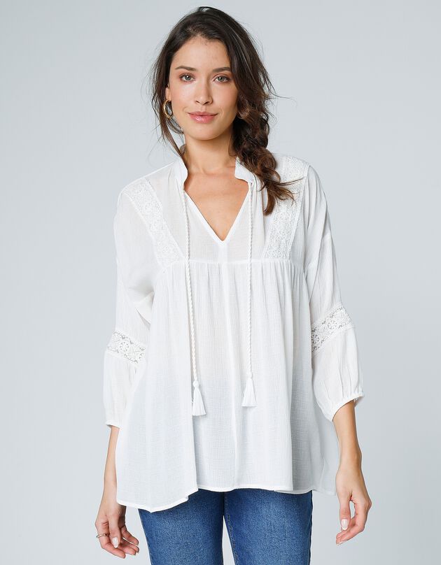 Blouse évasée manches 3/4 macramé (écru)