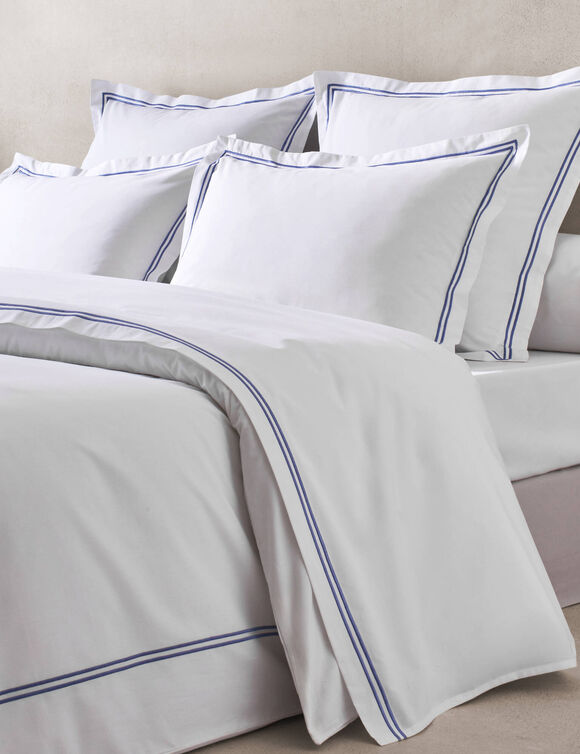 Linge de lit uni double bourdon - percale de coton 80 fils/cm&sup2; (blanc / bleu)