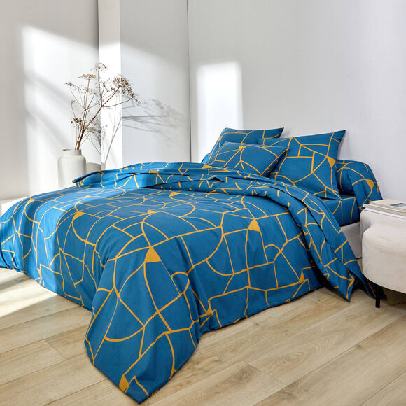 Linge de lit Geoffroy en coton &agrave; motifs graphiques (bleu paon)