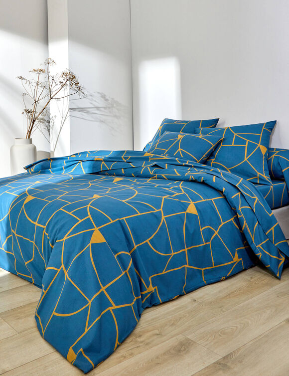 Linge de lit Geoffroy en coton &agrave; motifs graphiques (bleu paon)