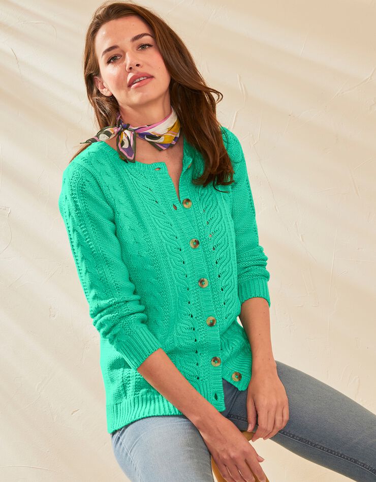 Cardigan femme boutonné torsadé toucher cachemire (vert) Cardigan femme boutonné torsadé toucher cachemire (vert)