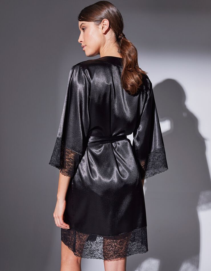 Peignoir court satin et dentelle (noir)