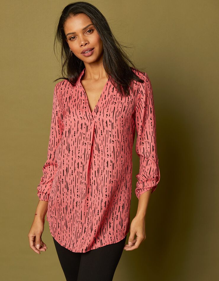 Blouse imprimé graphique col tunisien, crêpe (corail / noir) Blouse imprimé graphique col tunisien, crêpe (corail / noir)