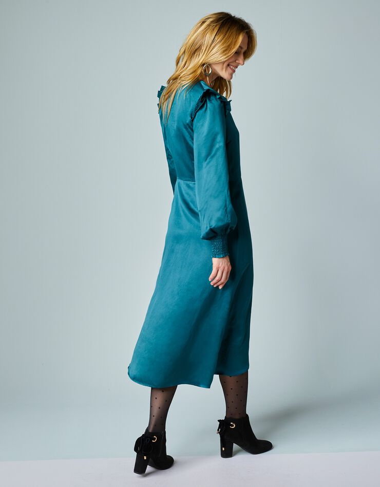 Robe portefeuille satin unie à manches longues (vert foncé) Robe portefeuille satin unie à manches longues (vert foncé)
