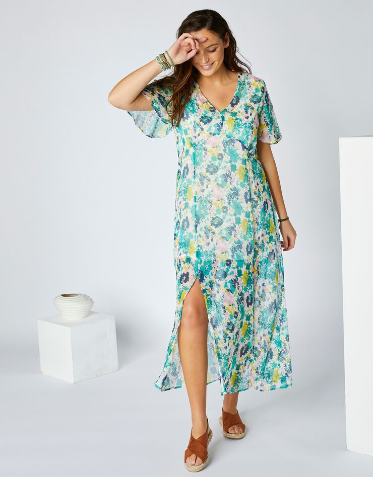 Robe longue imprimée manches papillon, voile (écru / vert) Robe longue imprimée manches papillon, voile (écru / vert)