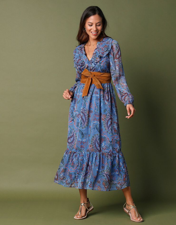 Robe longueur midi volantée en voile imprimé (bleu)