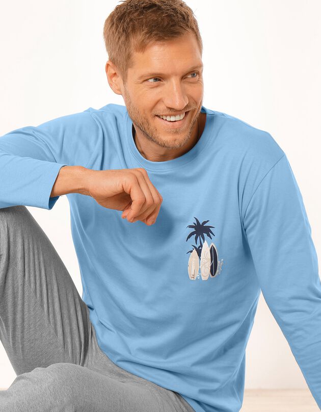Tee-shirt pyjama manches longues motif surf (bleu ciel)