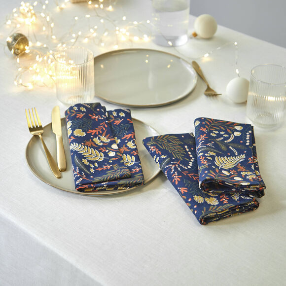 Serviette de table en coton imprim&eacute; herbier - lot de 3  (marine)