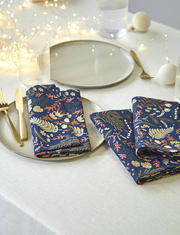 Serviette de table en coton imprim&eacute; herbier - lot de 3  (marine)