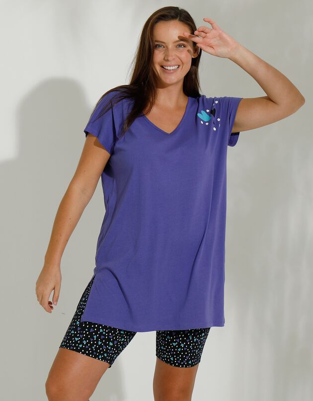 Pyjama cycliste coton imprimé coeur (violet / noir)