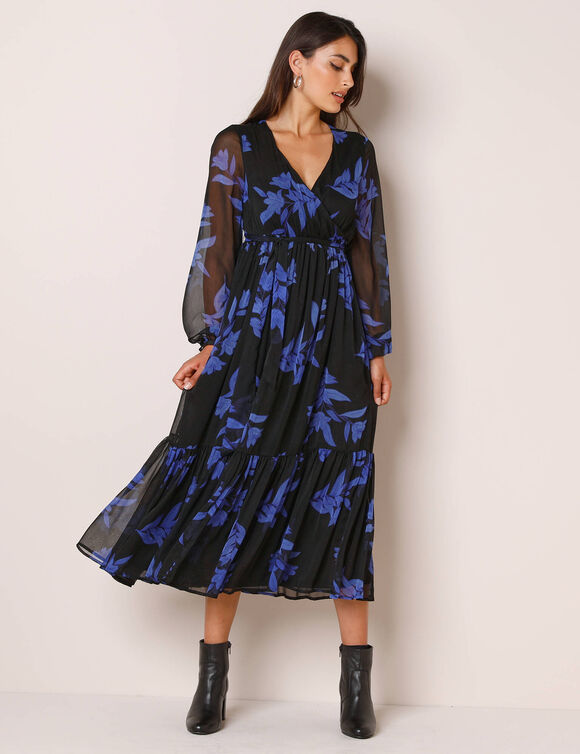 Robe longue volant, voile imprimé (noir / bleu)