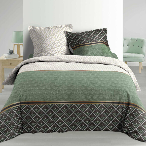 Parure de lit Art Déco - percale de coton (kaki / écru)
