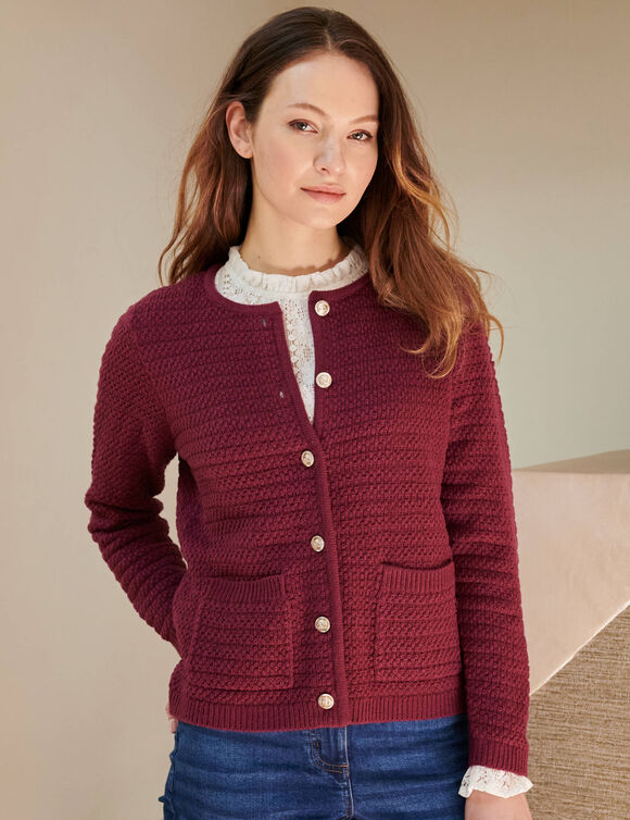 Cardigan uni maille fantaisie (prune)