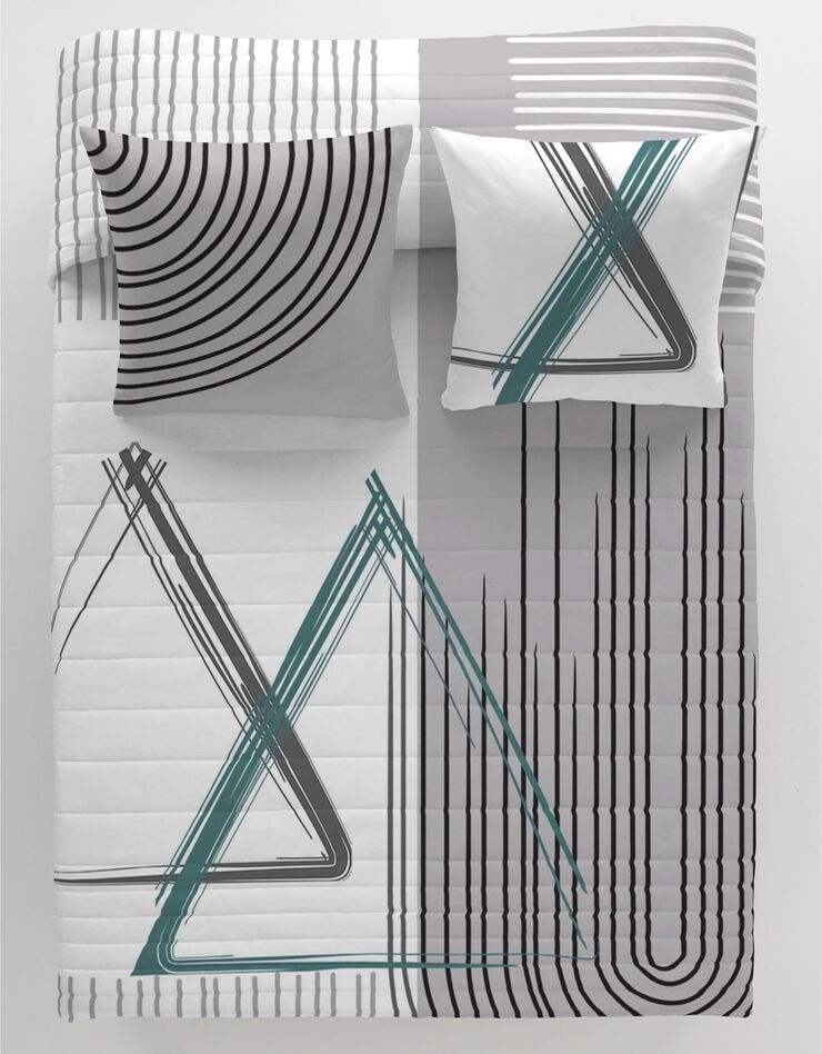 Couvre-lit matelassé imprimé graphique (gris / bleu)