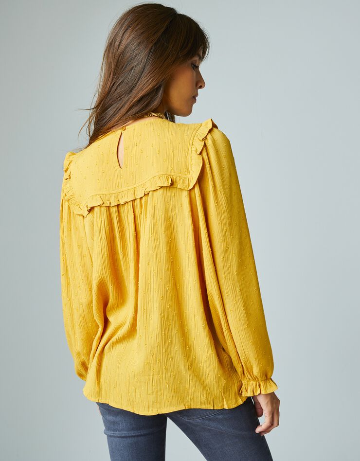 Blouse crêpe plumetis, macramé et manches longues (safran) Blouse crêpe plumetis, macramé et manches longues (safran)