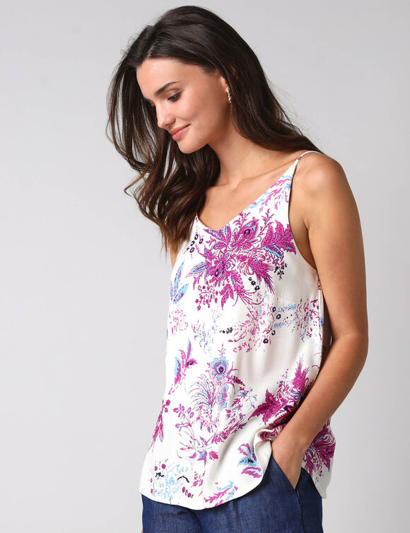 Top imprim&eacute; floral, fines bretelles r&eacute;glables (&eacute;cru / rose)