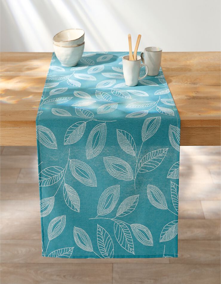 Nappe anti-taches bicolore imprimée feuilles (bleu canard) Nappe anti-taches bicolore imprimée feuilles (bleu canard)