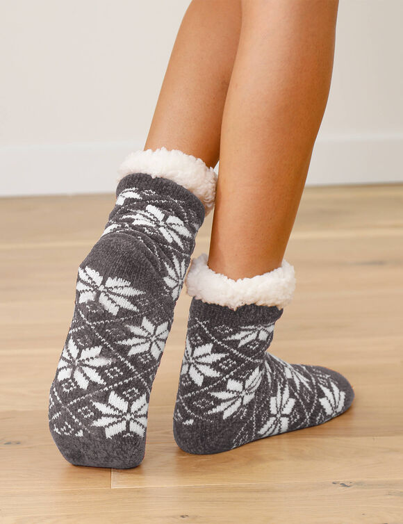 Chaussettes maille chenille fourrées antidérapantes  (gris)