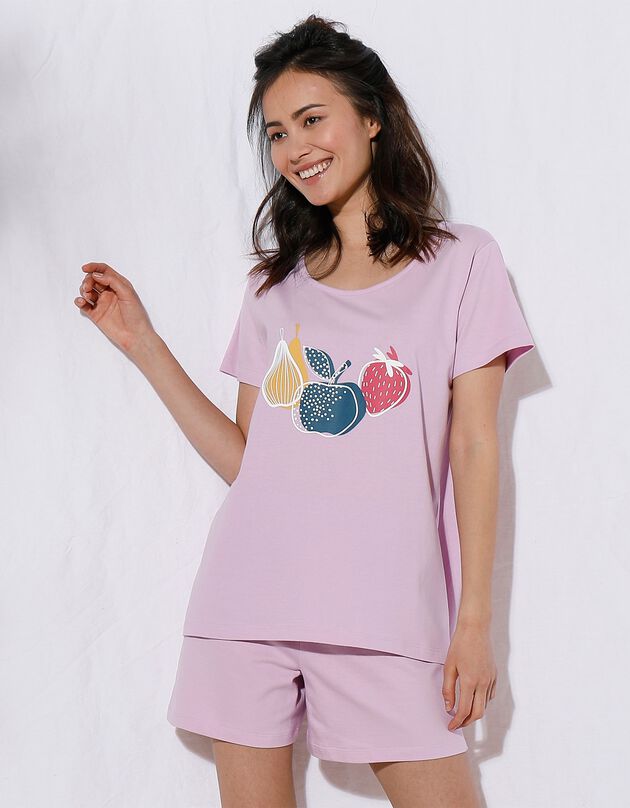 Pyjashort coton manches courtes imprimé placé fruité (parme) Pyjashort coton manches courtes imprimé placé fruité (parme)