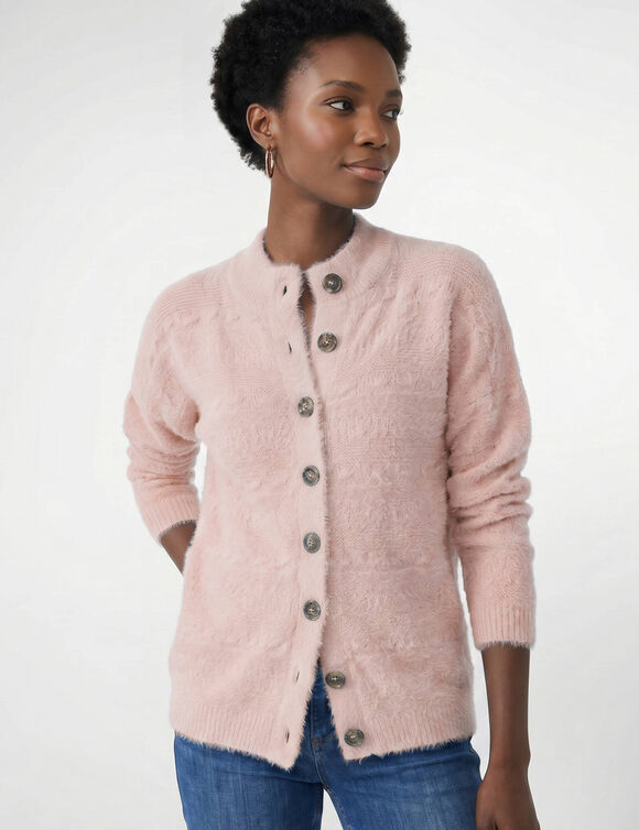 Cardigan boutonn&eacute; maille poilue fantaisie (rose poudr&eacute;)