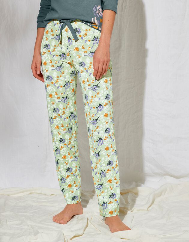 Pantalon pyjama coton imprimé "pétales" (vert / écru)