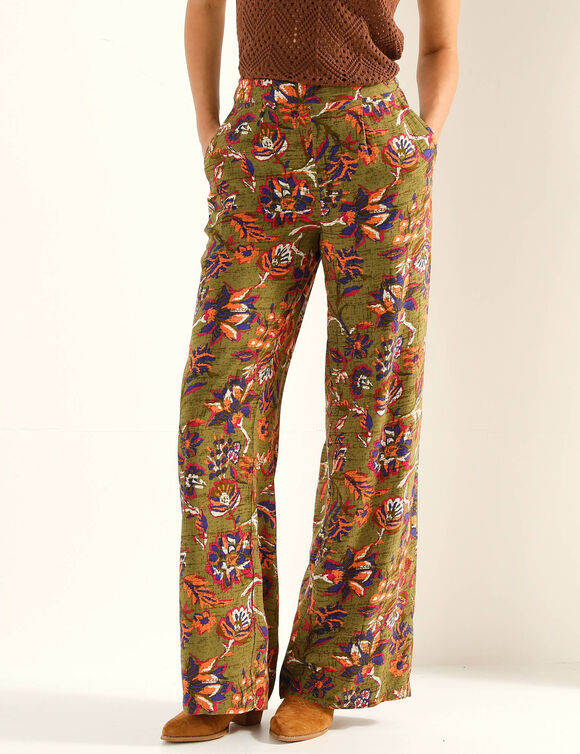 Pantalon large fluide, imprim&eacute; fleurs indiennes (vert)