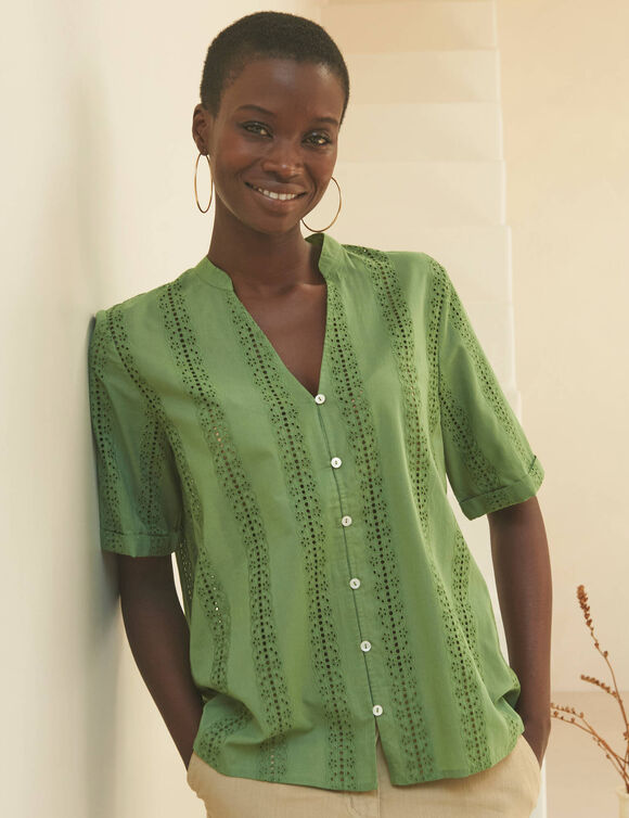 Chemisier col tunisien en broderie anglaise, manches courtes (kaki)