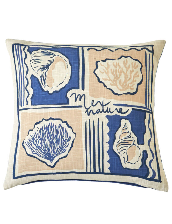 Coussin imprim&eacute; coquillages (bleu / beige)