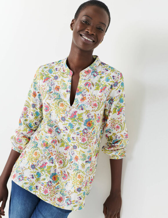Tunique imprim&eacute; fleuri, col tunisien  (&eacute;cru / vert)