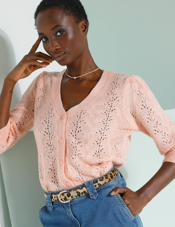 Gilet col V, maille ajourée (rose pâle)