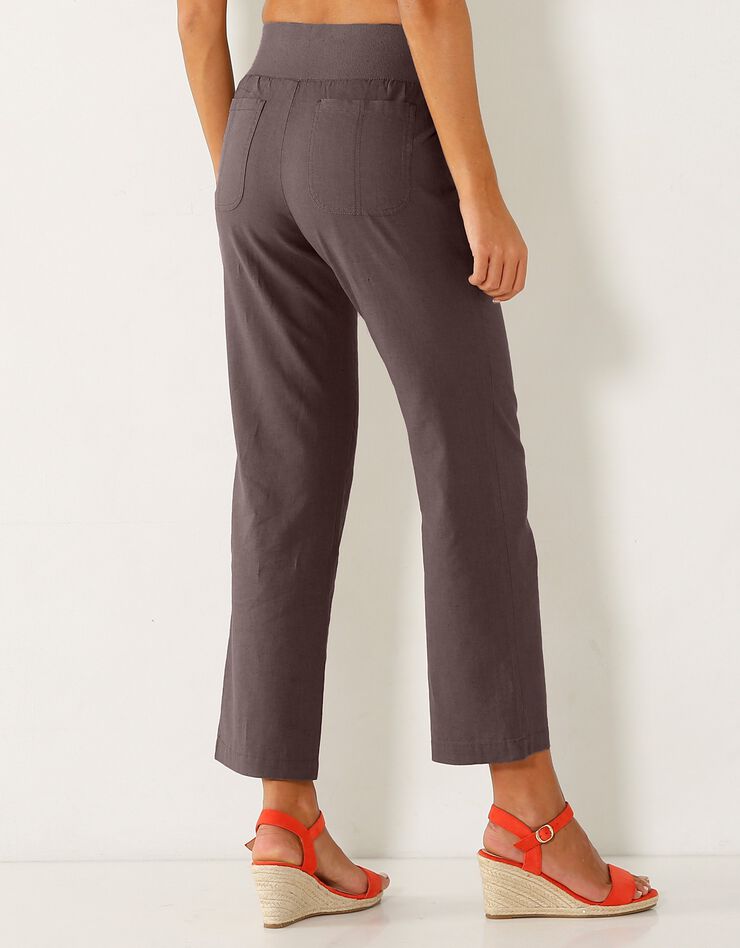Pantalon coupe droite 7/8ème taille élastiquée, lin coton (marron glacé) Pantalon coupe droite 7/8ème taille élastiquée, lin coton (marron glacé)