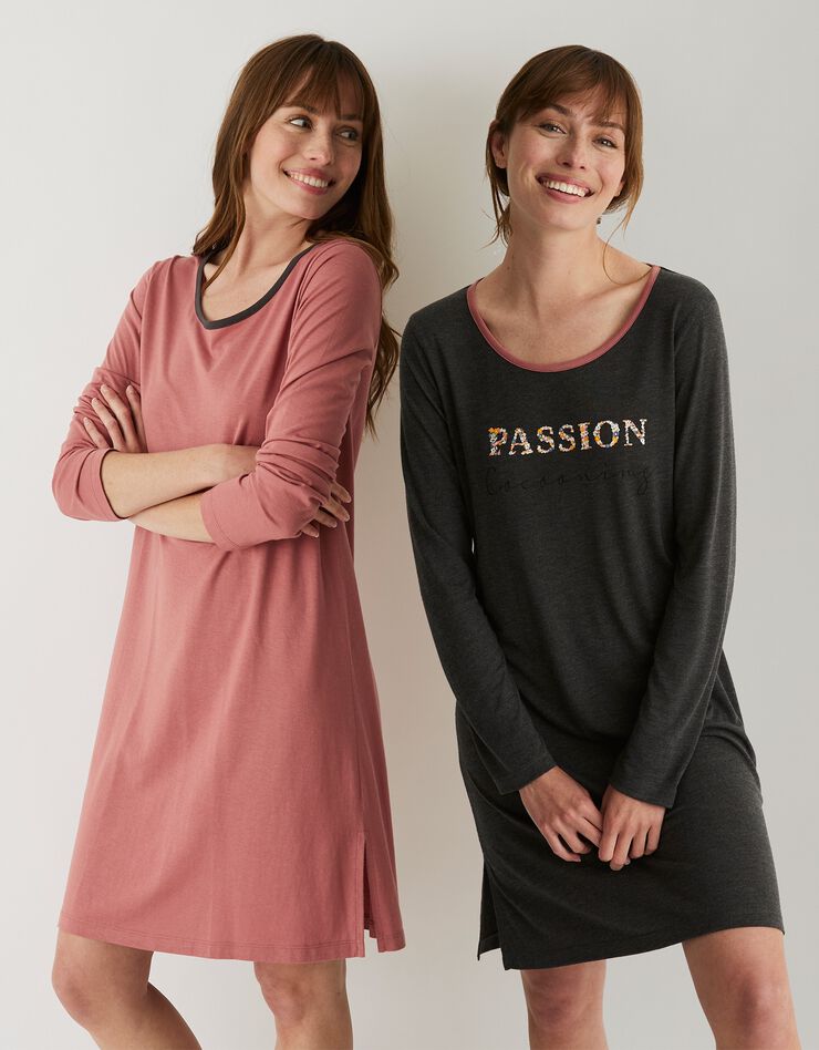 Chemise de nuit manches longues unie et imprimée - lot de 2 (gris anthracite chiné + bois rouge) Chemise de nuit manches longues unie et imprimée - lot de 2 (gris anthracite chiné + bois rouge)
