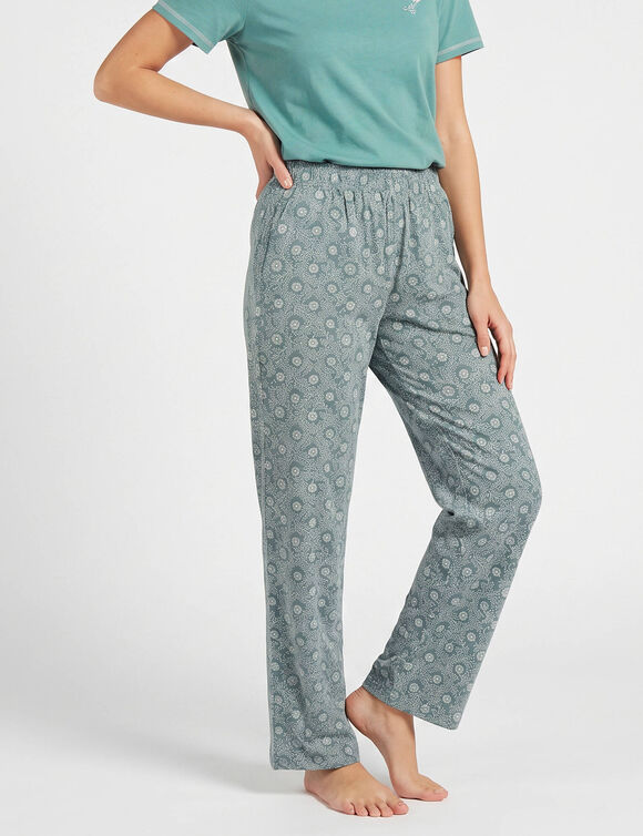 Pantalon pyjama fleuri &laquo;charme botanique&raquo; (vert / &eacute;cru)