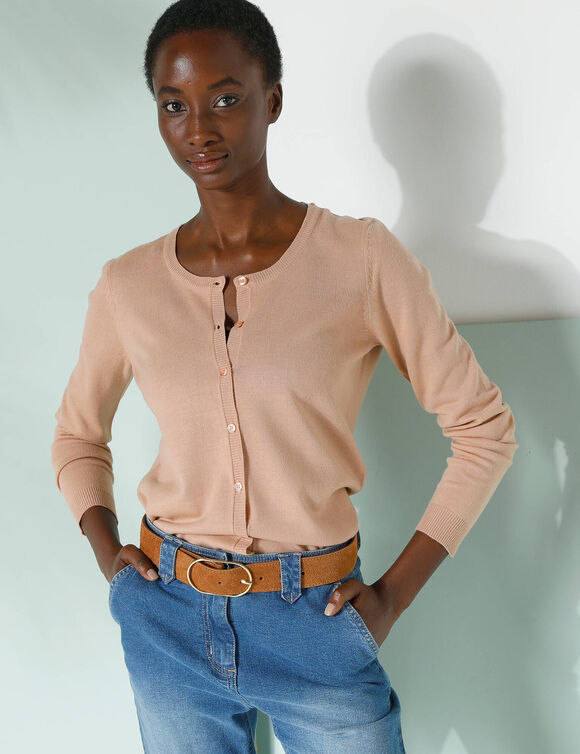 Cardigan boutonné col rond uni, toucher doux (beige)