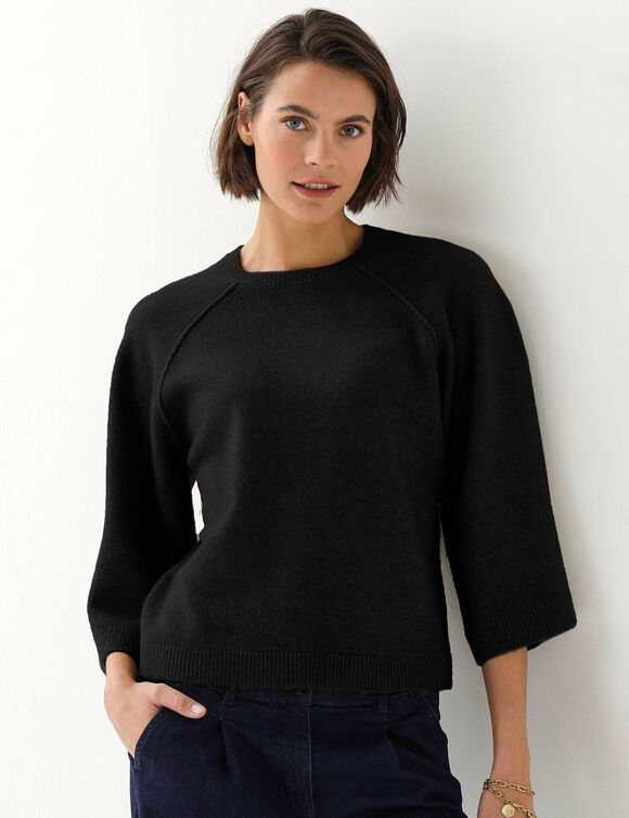 Pull court &eacute;vas&eacute; raglan, larges manches 3/4  (noir)