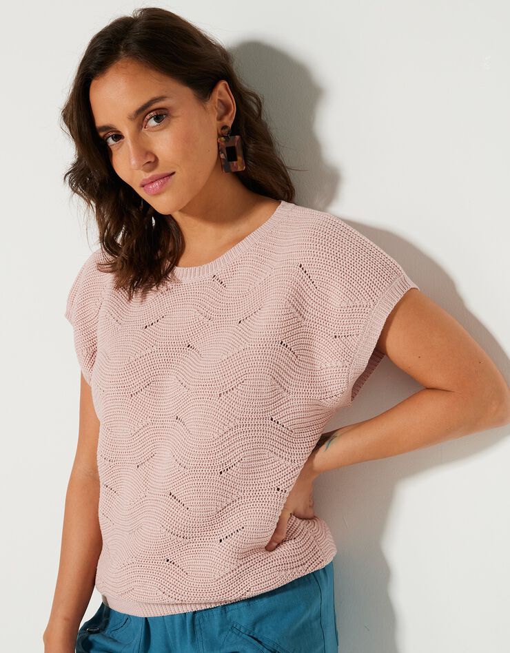 Pull manches courtes, maille fantaisie (rose poudré) Pull manches courtes, maille fantaisie (rose poudré)