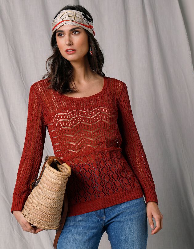 Pull maille fantaisie ajourée manches 3/4 (terracotta) Pull maille fantaisie ajourée manches 3/4 (terracotta)