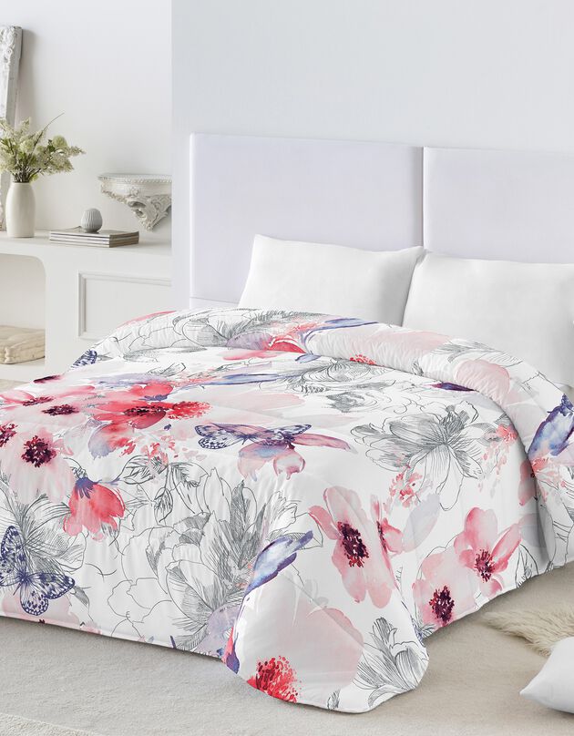 Couette coton imprimé Fleurs 200g/m² (rouge / gris)