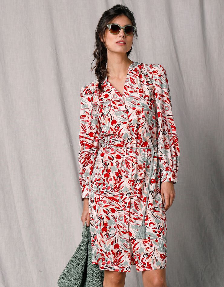 Robe-chemisier mi-longue crêpe imprimé (écru / rouge) Robe-chemisier mi-longue crêpe imprimé (écru / rouge)