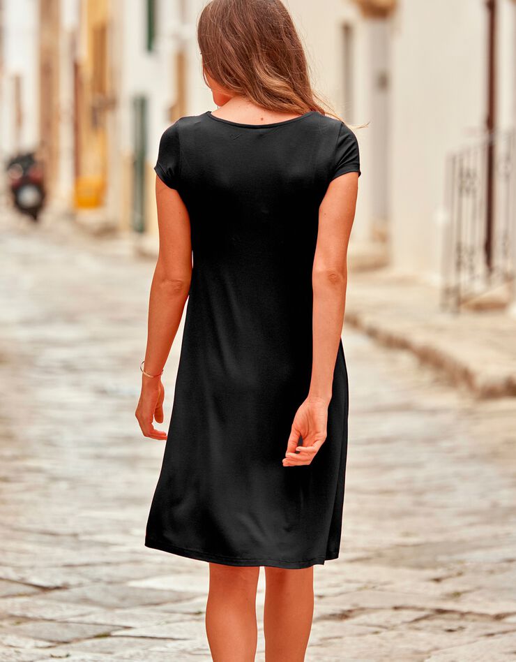 Robe courte unie col V noué, maille fluide (noir) Robe courte unie col V noué, maille fluide (noir)