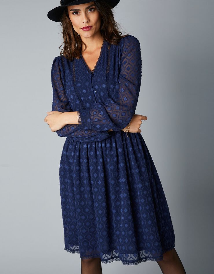 Robe en voile jacquard, finition dentelle (bleu marine) Robe en voile jacquard, finition dentelle (bleu marine)