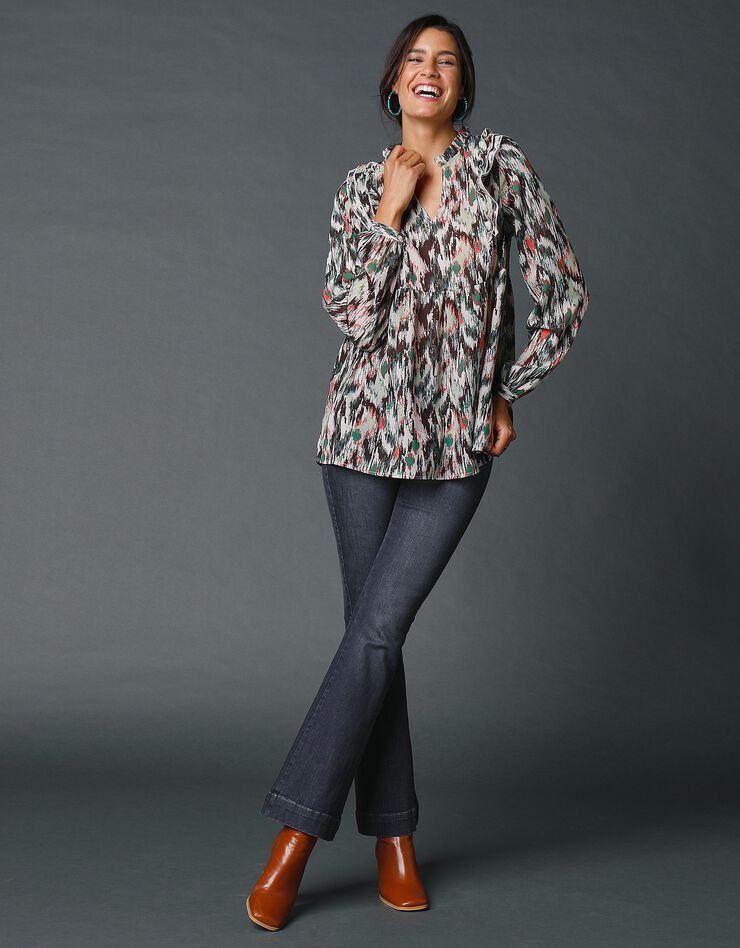 Blouse imprimée à volants (kaki / écru) Blouse imprimée à volants (kaki / écru)