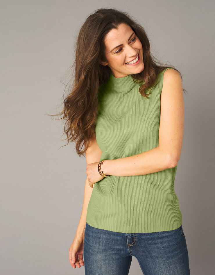 Pull sans manches maille côtelée (vert amande) Pull sans manches maille côtelée (vert amande)