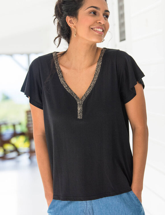 T-shirt col V dor&eacute; maille unie (noir)